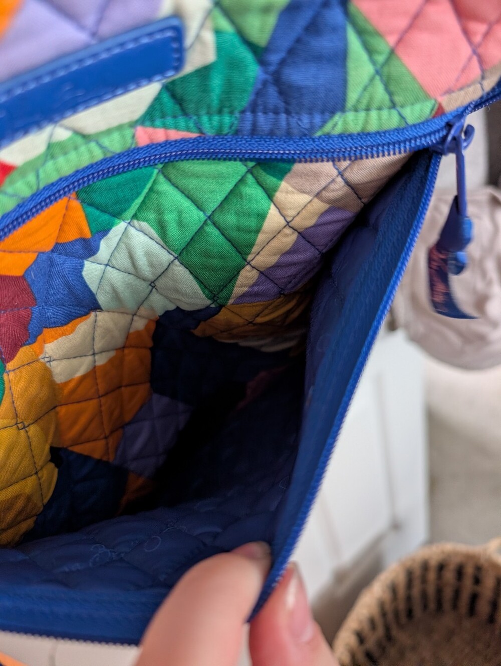 Large Vera Bradley Navy Quilted Lined Colorful Patchwork Backpack. - Picture 6 of 6